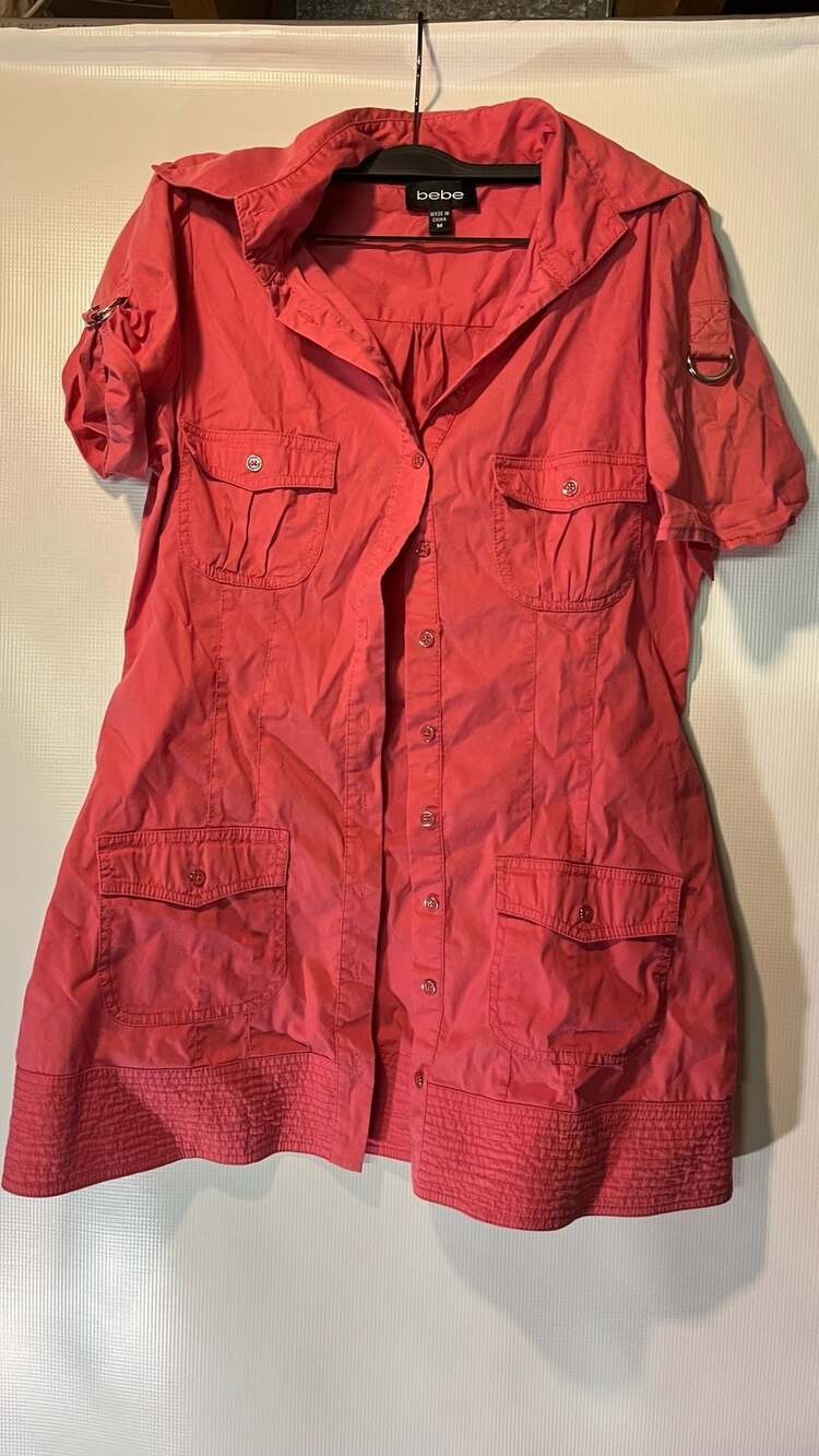 bebe Red Button-Up Shirt Dress with Pockets and Button Opening, Size Medium